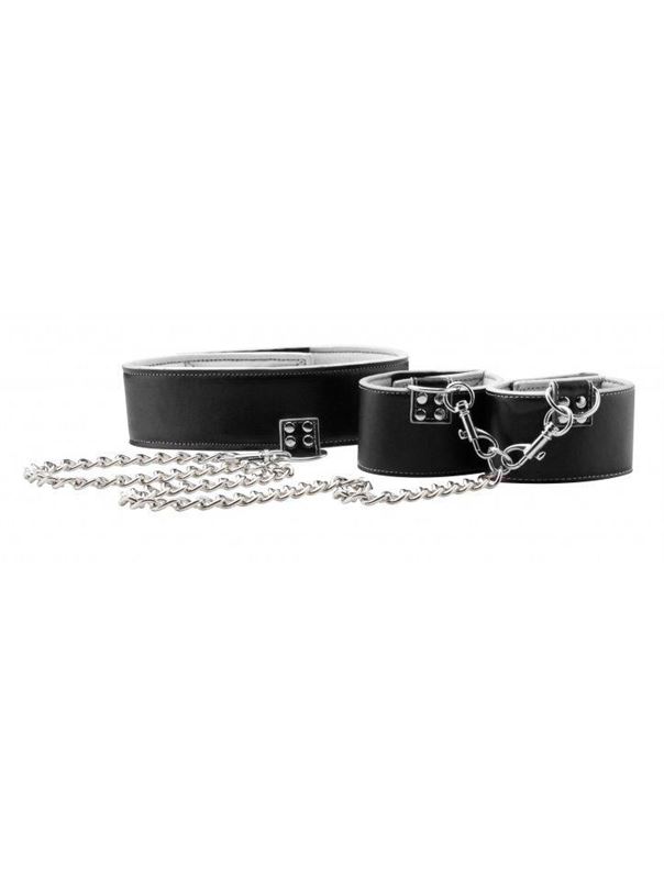 Чёрно-белый двусторонний ошейник с наручниками Reversible Collar and Wrist Cuffs