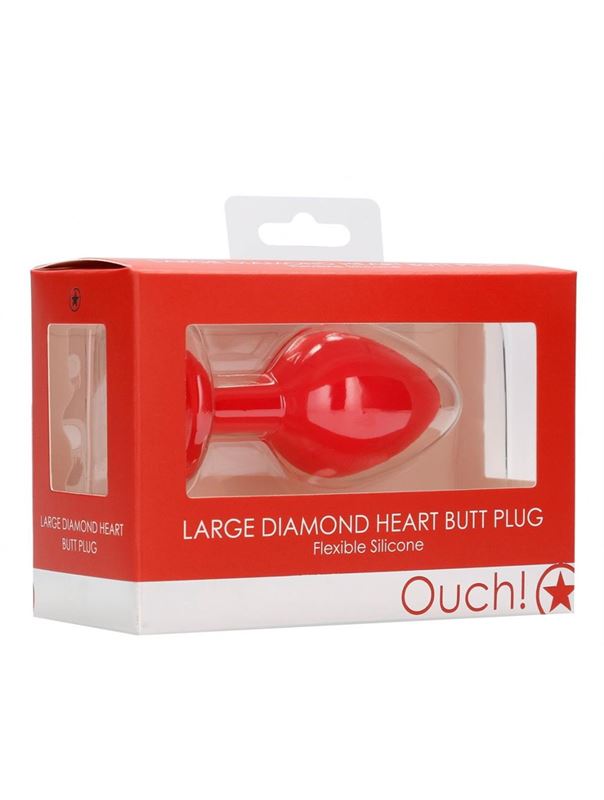 Красная анальная пробка с прозрачным стразом Large Ribbed Diamond Heart Plug (8 см)