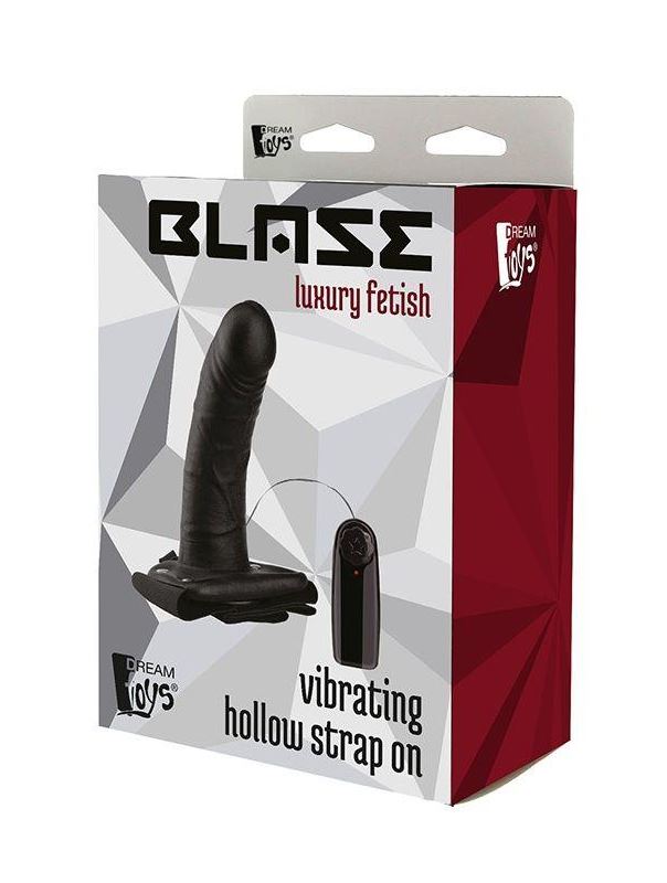 Черный полый страпон VIBRATING HOLLOW STRAP-ON с вибрацией - 16 см.