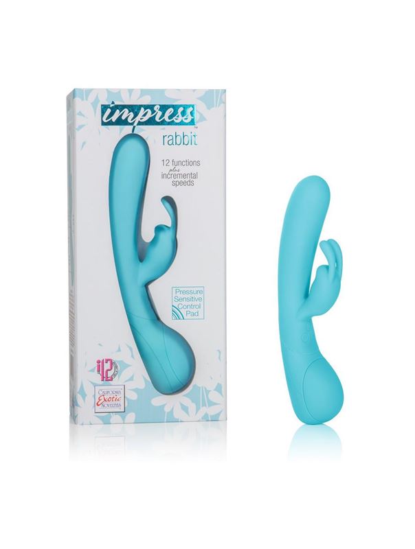 Голубой вибромассажер Impress Rabbit со стимуляцией клитора - 18 см.