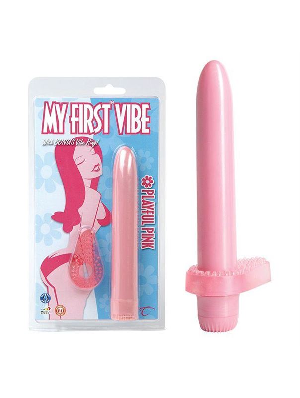 Розовый вибратор с эрекционным кольцом My First Vibe - 17 см.