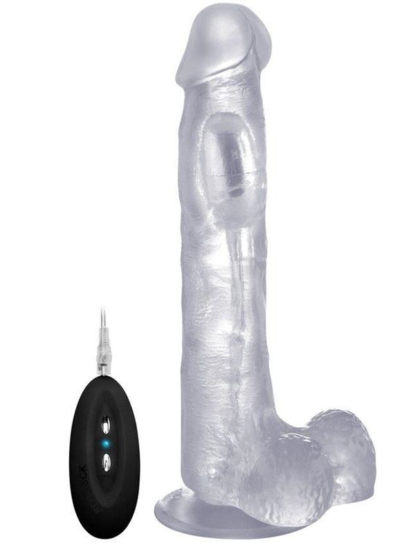 Прозрачный вибратор-реалистик Vibrating Realistic Cock 10 With Scrotum - 27 см.