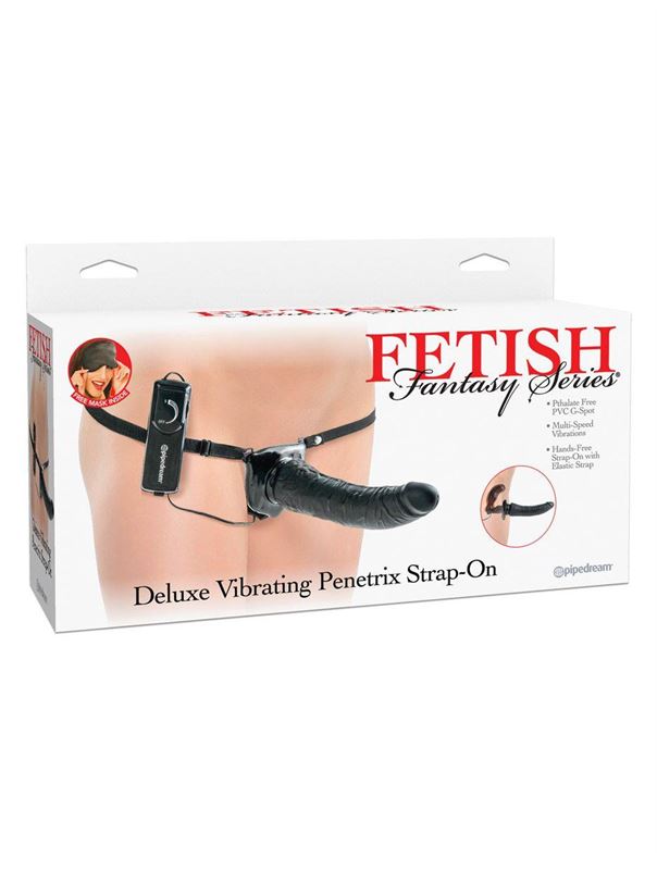 Черный страпон с вагинальной пробкой Deluxe Vibrating Penetrix Strap-On (19 см)