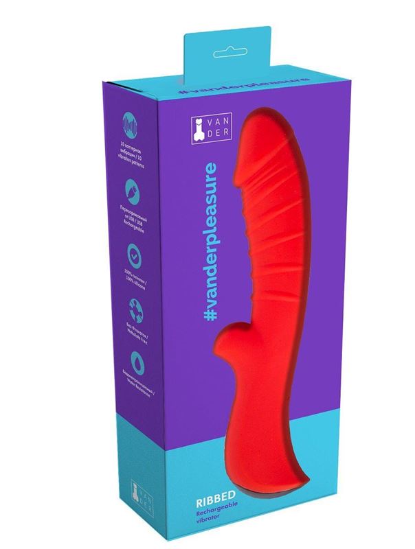 Красный вибратор Ribbed с рёбрышками (18 см)