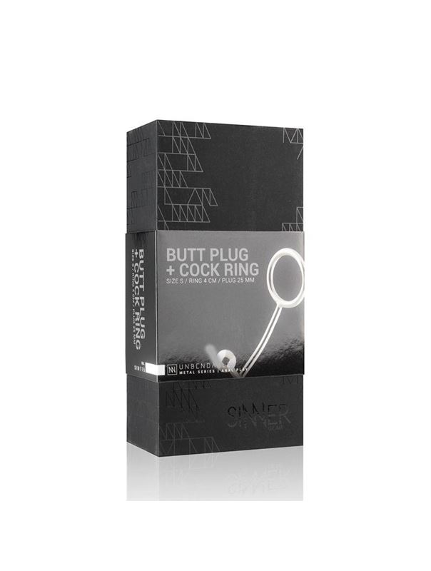 Серебристое эрекционное кольцо с анальной пробкой Sinner Metal Cock Ring With Anal Plug Size M