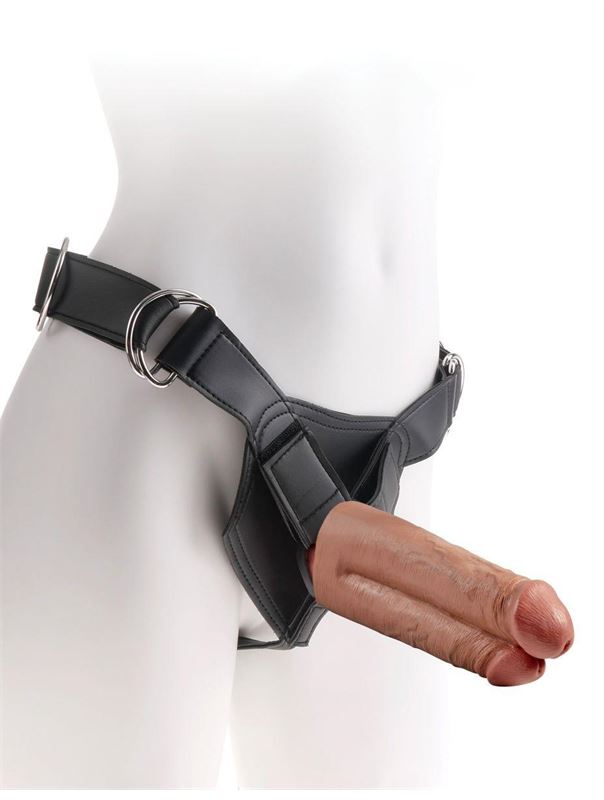 Кофейный сдвоенный поясной страпон Strap-On Harness with 7" Two Cocks One Hole (19,1 см)