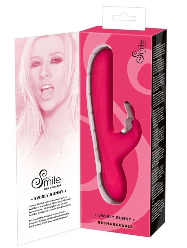 Ярко-розовый вибратор Swirly Bunny с клиторальным стимулятором - 21,5 см.
