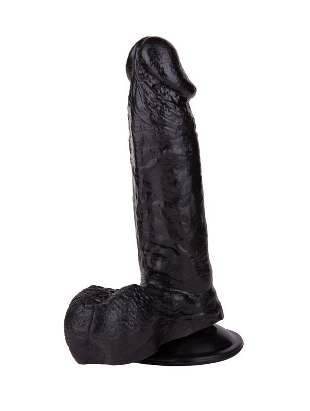 Чёрный фаллоимитатор с мошонкой на подошве-присоске (16,5 см)