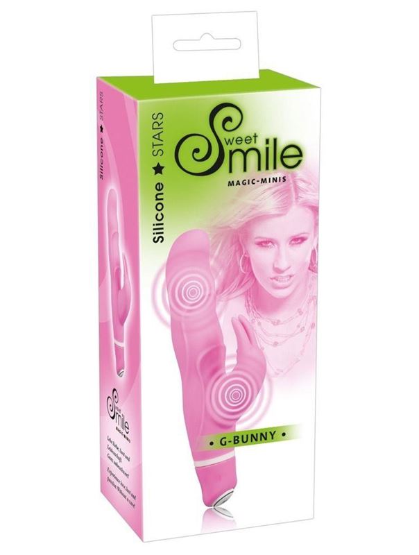 Розовый вибратор Smile Bunny с клиторальным зайчиком - 15 см.