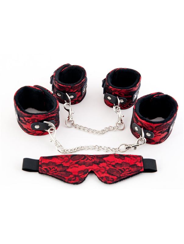 Кружевной набор красного цвета: наручники, оковы и маска