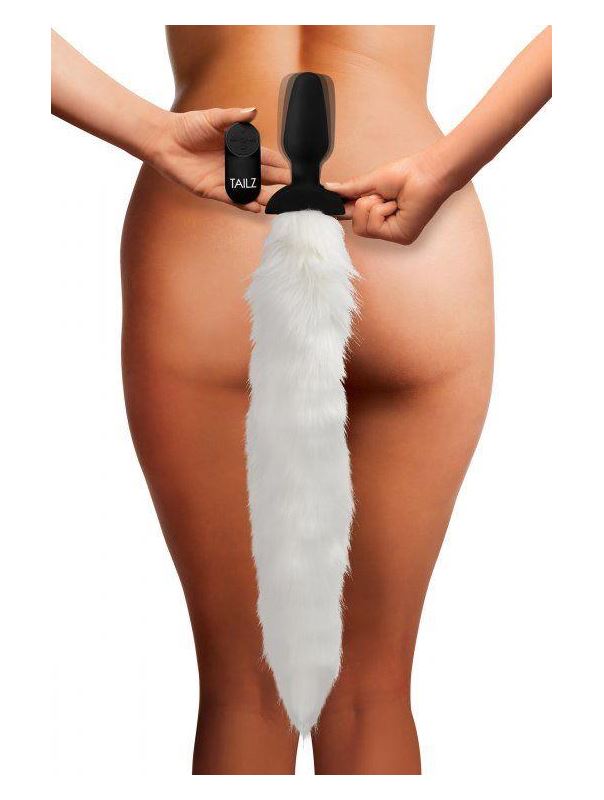 Черная анальная вибропробка с белым лисьим хвостом White Fox Tail Vibrating Anal Plug
