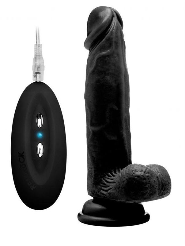 Чёрный вибратор-реалистик Vibrating Realistic Cock 8 With Scrotum - 20 см.