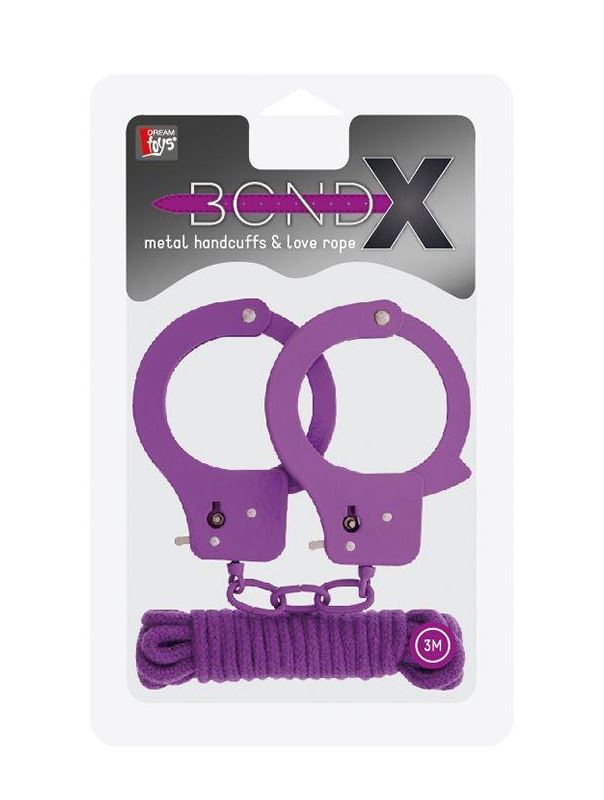 Фиолетовые наручники из листового металла в комплекте с веревкой BONDX - METAL CUFFS & LOVE ROPE SET