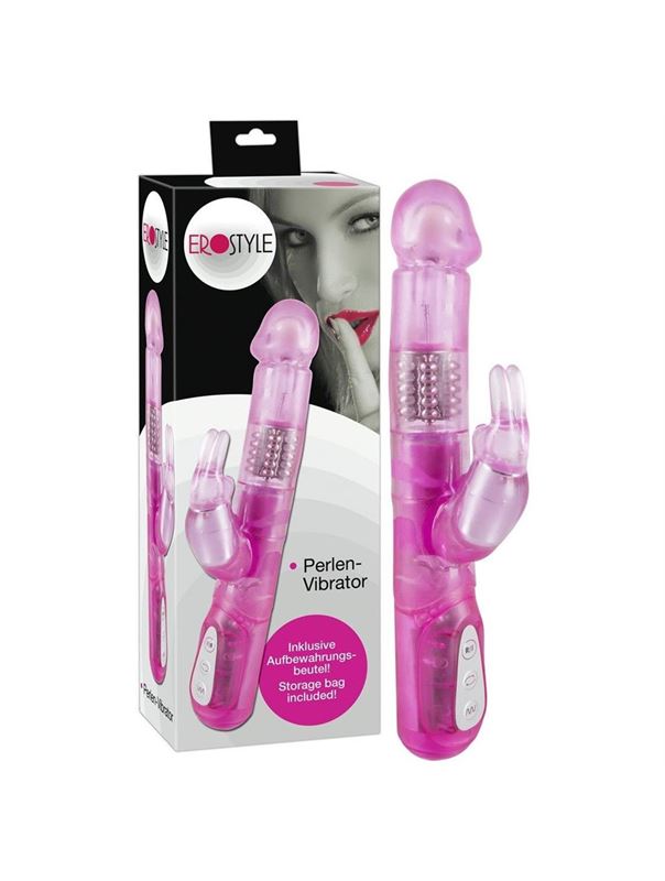 Розовый вибратор с ротацией бусин и клиторальным отростком EroStyle Pearl - 23 см.