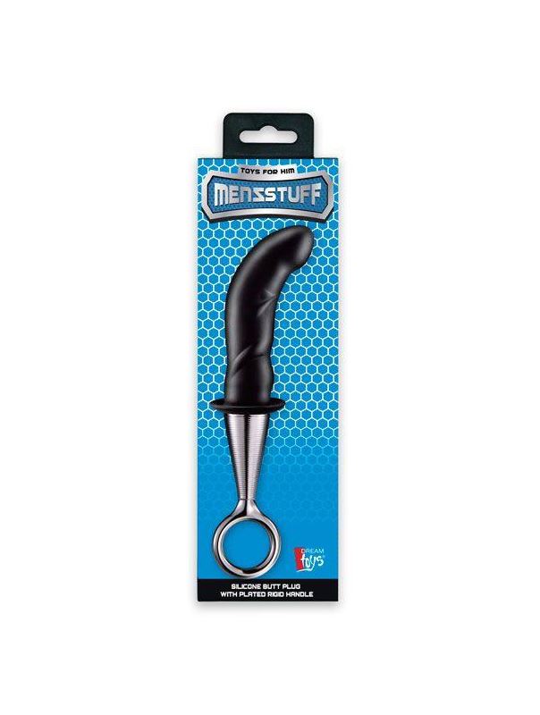 Чёрный изогнутый ребристый анальный плаг ANAL PLUG WITH PLATED HANDLE