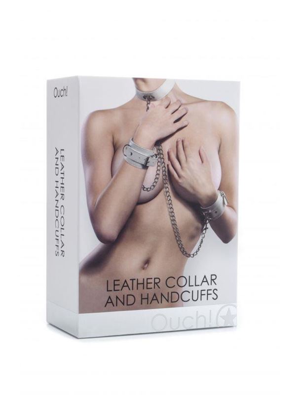 Белый комплект для бондажа Leather Collar and Handcuffs