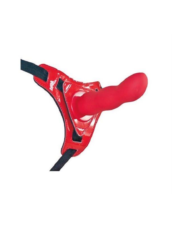 Красные трусики со сменной насадкой из силикона Strap-on Curved Dong - 13,5 см.