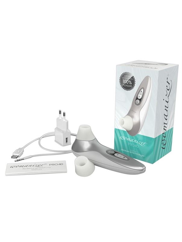 Бело-серебристый бесконтактный стимулятор клитора Womanizer Pro40