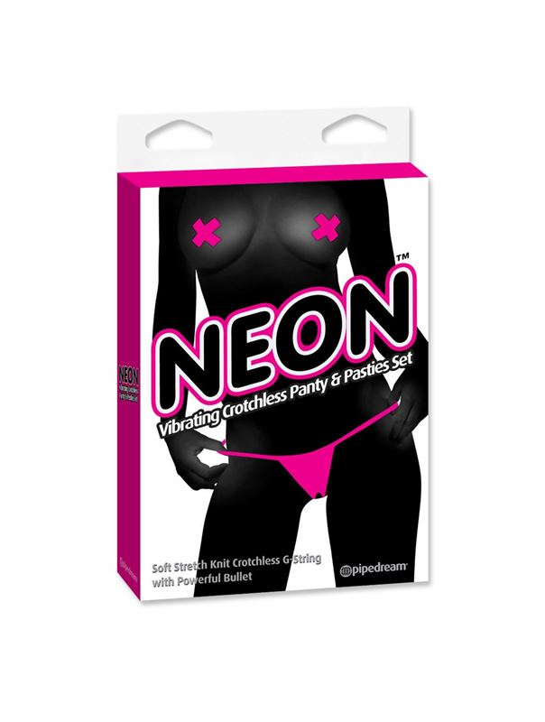 Ярко-розовые вибротрусики с вырезом и пэстисы Neon Vibrating Crotchless Panty and Pasties Set