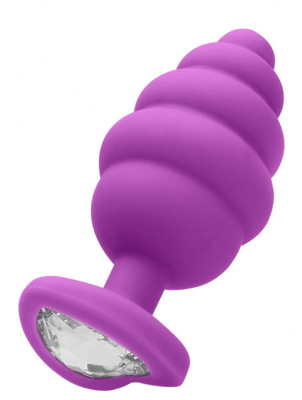 Фиолетовая анальная пробка Large Ribbed Diamond Heart Plug - 8 см.
