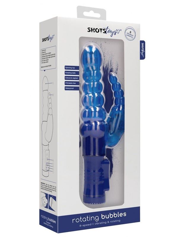 Синий вибратор кролик Rotating Bubbles (23,2 см)