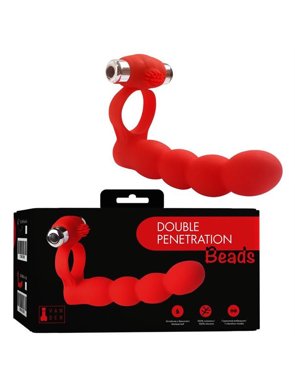 Красная насадка на член с вибрацией Double Penetration Beads для двойного проникновения