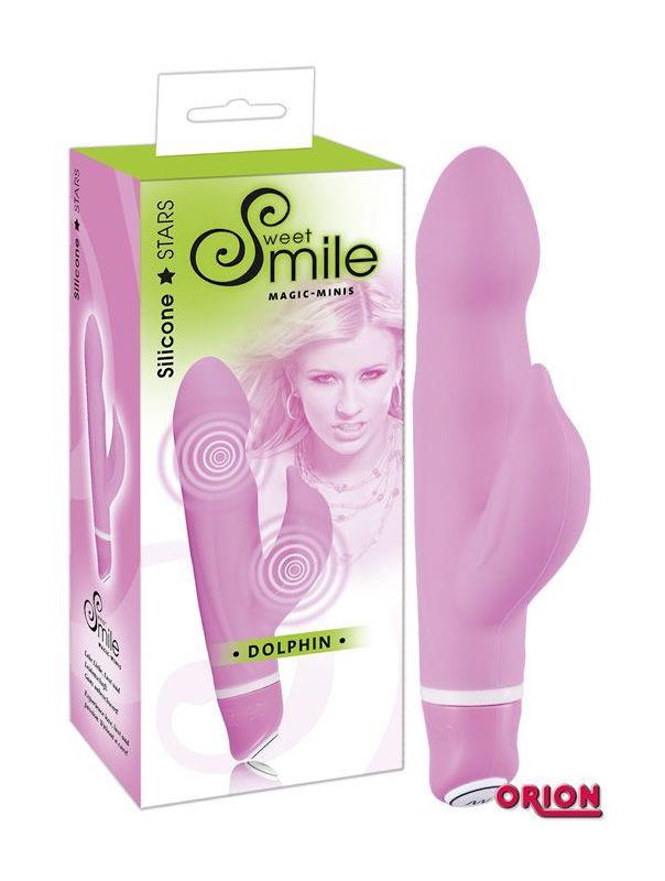 Розовый вибратор Smile Dolphin с клиторальным отростком - 16 см.