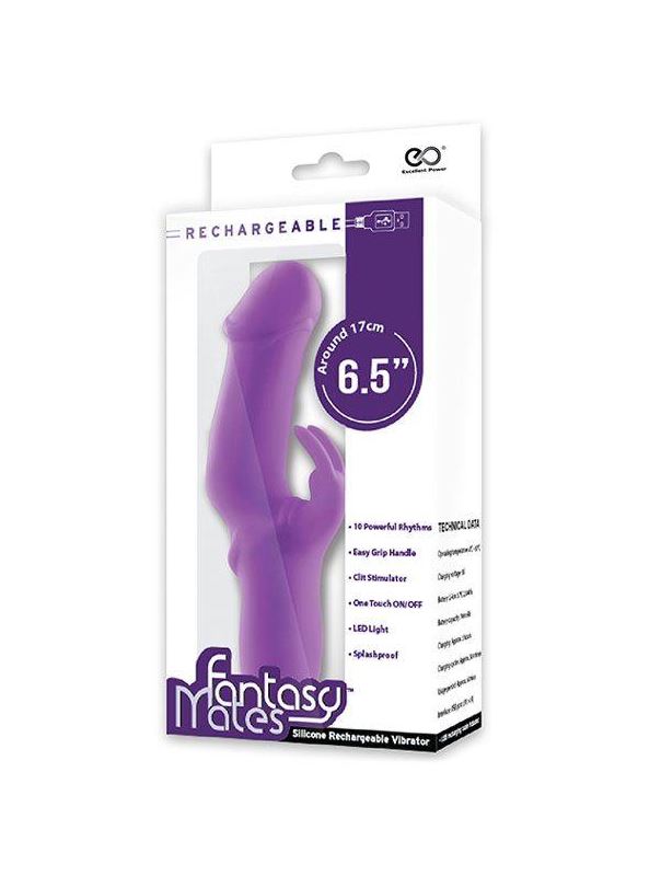 Фиолетовый вибратор MATES FANTASY RECHARGE VIBRATOR с клиторальным отростком (17 см)