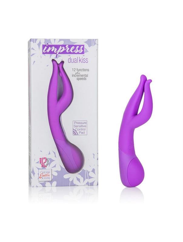 Фиолетовый вибромассажер Impress Dual Kiss со стимуляцией клитора - 15 см.