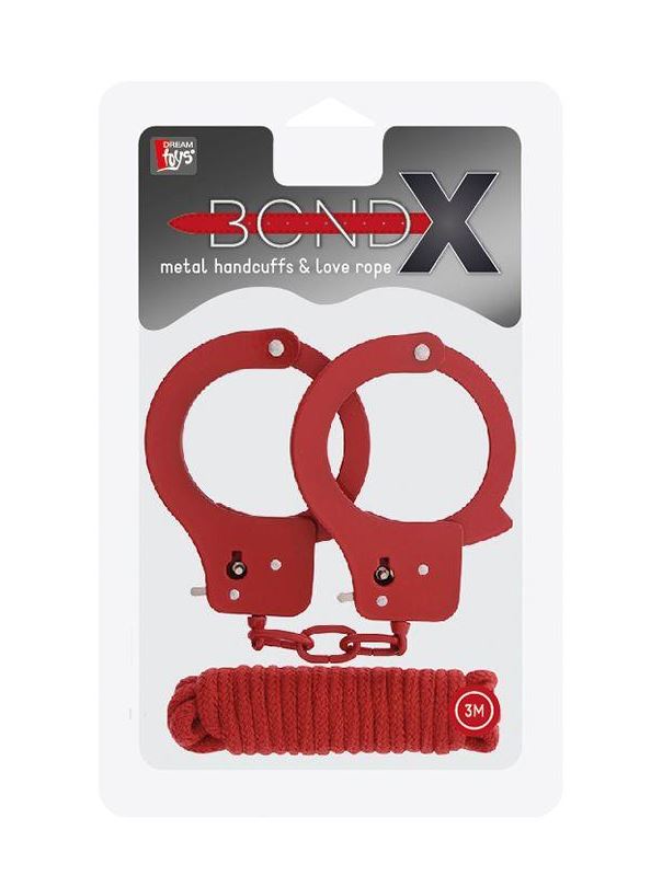 Красные наручники из листового металла BONDX METAL CUFFS LOVE ROPE SET в комплекте с веревкой