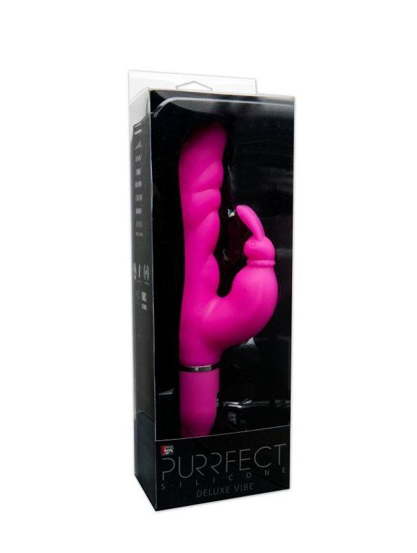 Розовый вибратор с клиторальным зайчиком PURRFECT SILICONE DELUXE DUO VIBE PINK - 18 см.