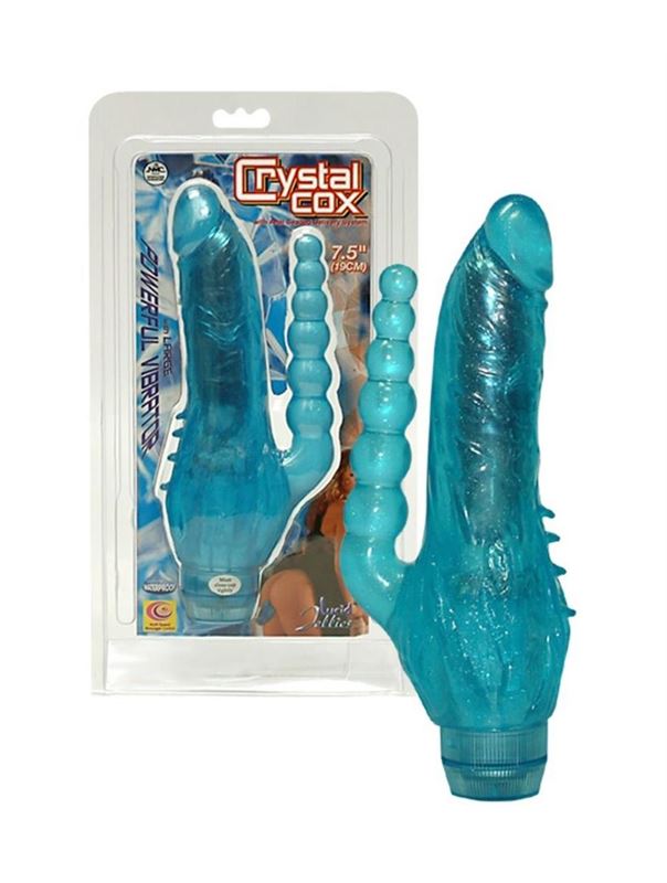 Голубой вибратор CRYSTAL COX с анальным хвостиком (19 см)