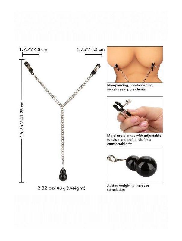 Зажимы для сосков с серебристой цепочкой и утяжелителем Weighted Dual Tier Nipple Clamps