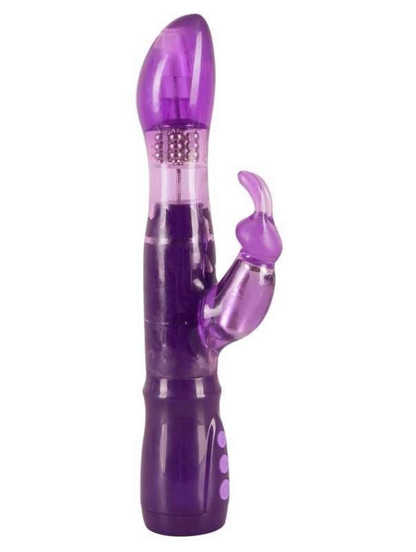 Фиолетовый вибратор с ротацией и клиторальной стимуляцией Purple Surprise - 24,5 см.