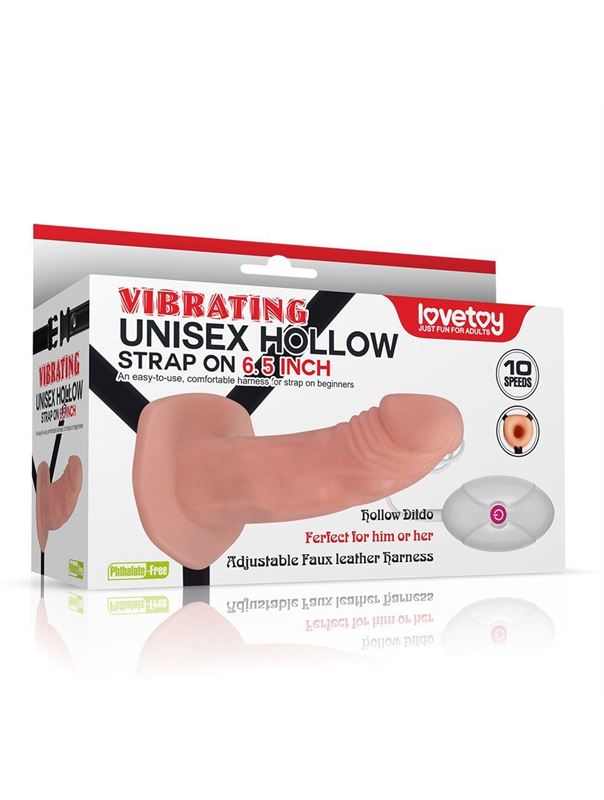 Телесный фаллопротез с вибрацией Vibrating Unisex Hollow Strap On - 19 см.