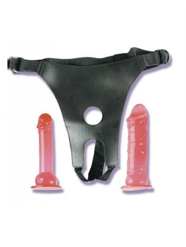 Трусики из кожезаменителя с двумя фаллоимитаторами CROTCHLESS STRAP-ON 2 DONGS HOT PINK