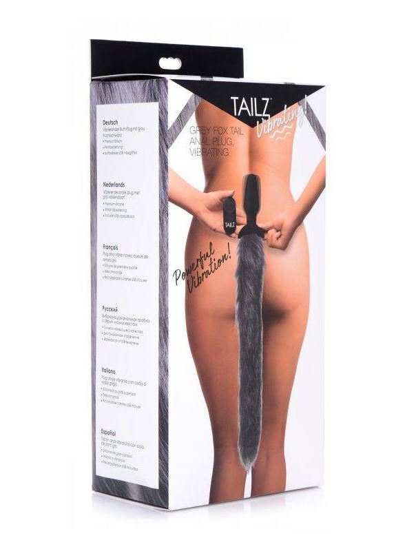 Черная анальная вибропробка с серым лисьим хвостом Grey Fox Tail Vibrating Anal Plug