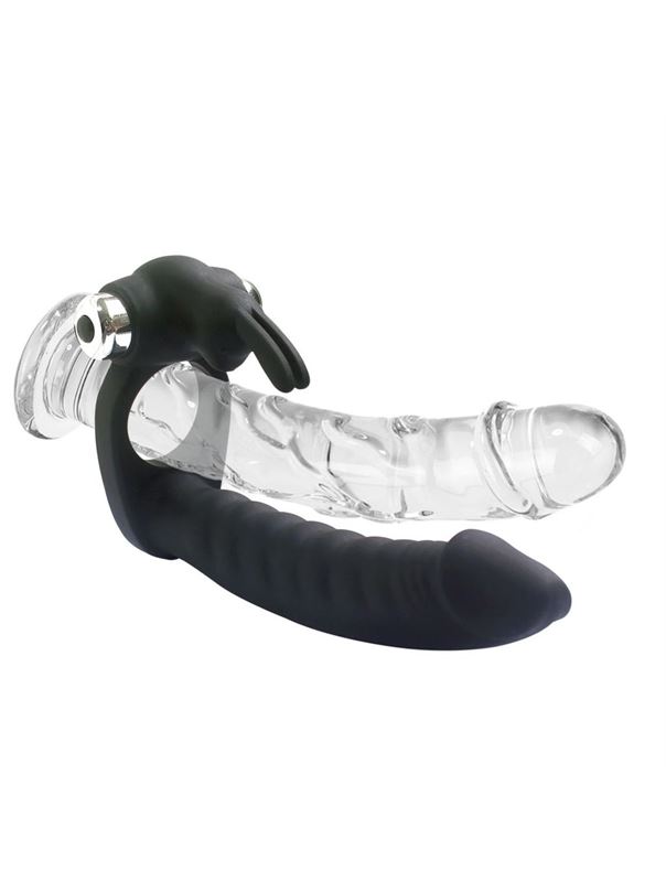 Черная насадка на член с вибрацией Double Penetration Real с клиторальным зайчиком