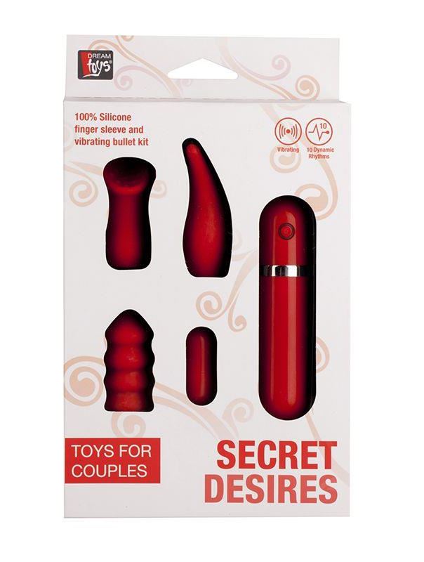 Маленькая вибропуля с 3 красными насадками NEON SECRET DESIRES 10FUNC. VIBRATOR KIT