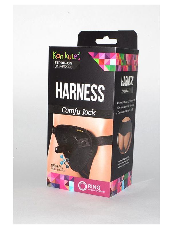 Чёрные трусики-джоки Kanikule Strap-on Harness universal Comfy Jock с плугом и кольцами