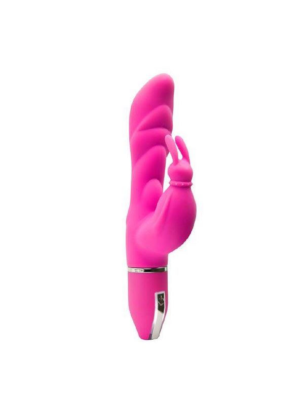 Розовый вибратор с клиторальным зайчиком PURRFECT SILICONE DELUXE DUO VIBE PINK - 18 см.