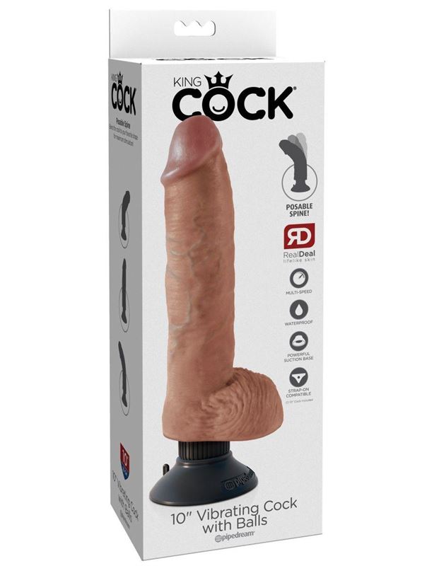Кофейный вибромассажер 10" Vibrating Cock with Balls (25,4 см)