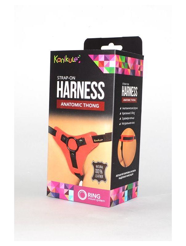 Красно-чёрные трусики для фиксации насадок кольцом Kanikule Leather Strap-on Harness Anatomic Thong