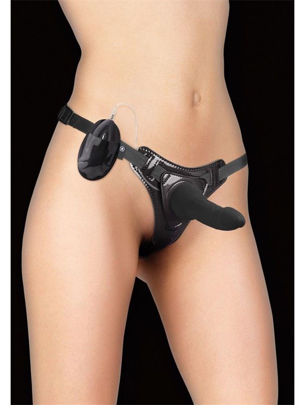 Чёрный страпон с вибрацией Vibrating Pleasure Strap-On - 14,5 см.