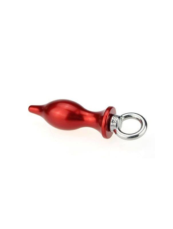 Красная металлическая анальная пробка с кольцом - 7 см.