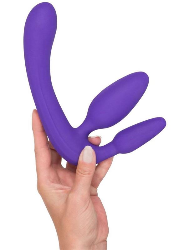 Фиолетовый безремневой страпон Triple Teaser с двумя пробками