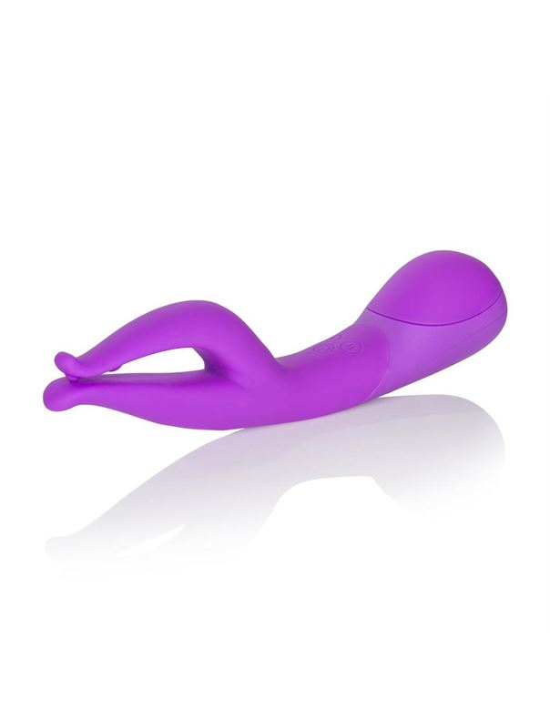 Фиолетовый вибромассажер Impress Dual Kiss со стимуляцией клитора - 15 см.