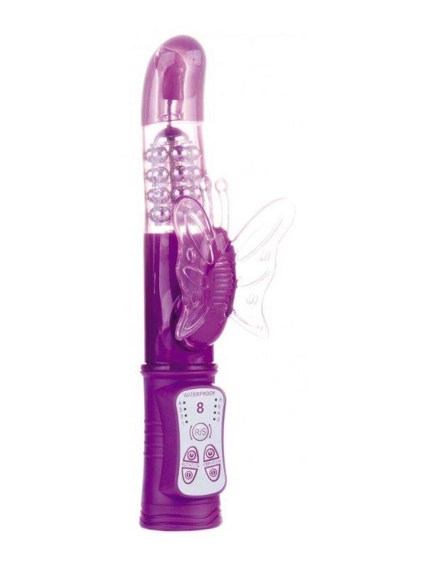 Фиолетовый перезаряжаемый вибратор Rechargeable Butterfly с клиторальной бабочкой - 22,8 см.