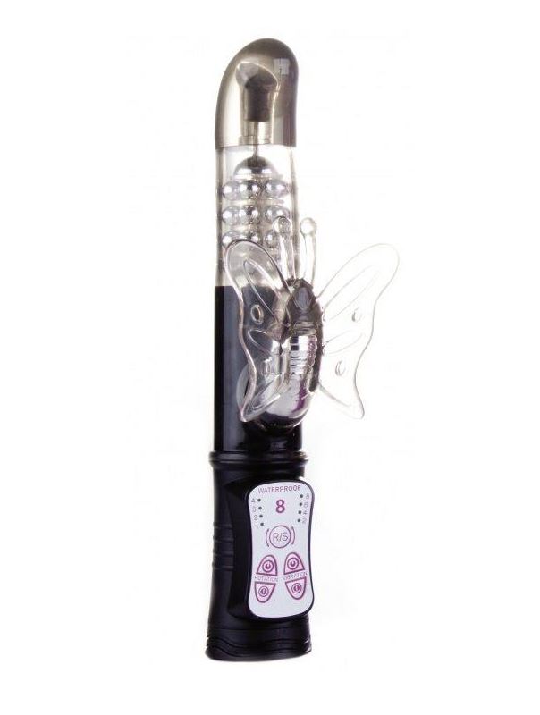 Чёрный перезаряжаемый вибратор Rechargeable Butterfly с клиторальной бабочкой - 22,8 см.