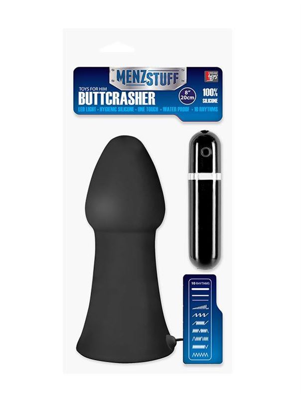 Большая чёрная вибропробка MENZSTUFF VIBRATING BUTTCRASHER CONED - 20 см.